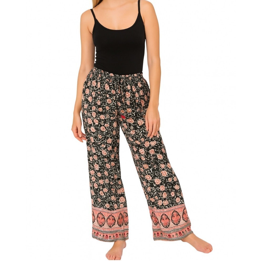 Devi pants wide leg trouser pull on elastic tie waist black floral print POCKETS